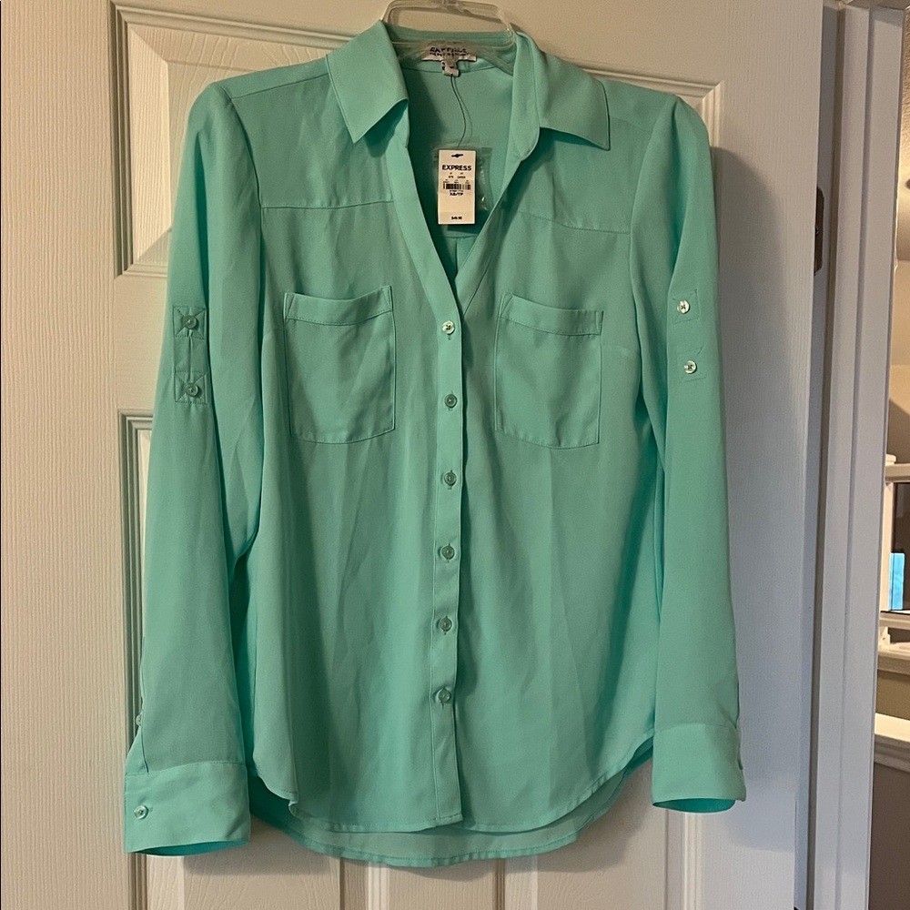 Express Blue-Green “Portofino” Button-Front Blouse